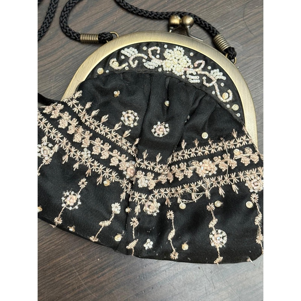 Valerie Stevens Black Beaded Embroidered Evening Bag Kiss Lock Crossbody Mirror